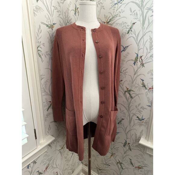 Isaac Mizrahi Live! Long Button Front Cardigan Sweater XS CORAL Cotton - Picture 1 of 6